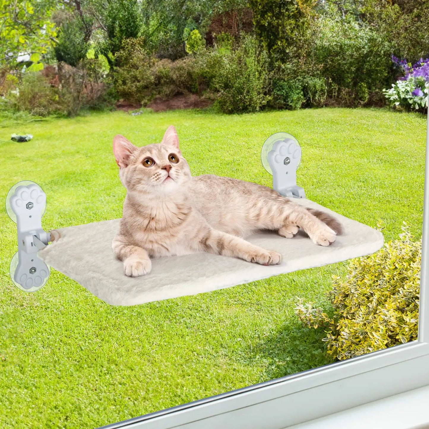 Cat Window Perch Foldable Cat Hammock for Window with 4 Suction Cups Cordless Window Bed for Cats Inside with Reversible Cover and Solid Metal Frame (Beige Medium)